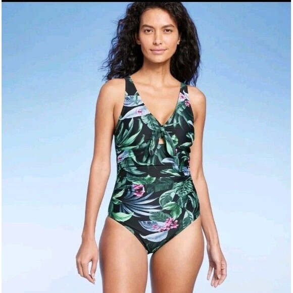 Kona Sol Other - Kona Sol Tie Front Tummy Control One Piece Swimsuit Full Coverage Floral Sz 18